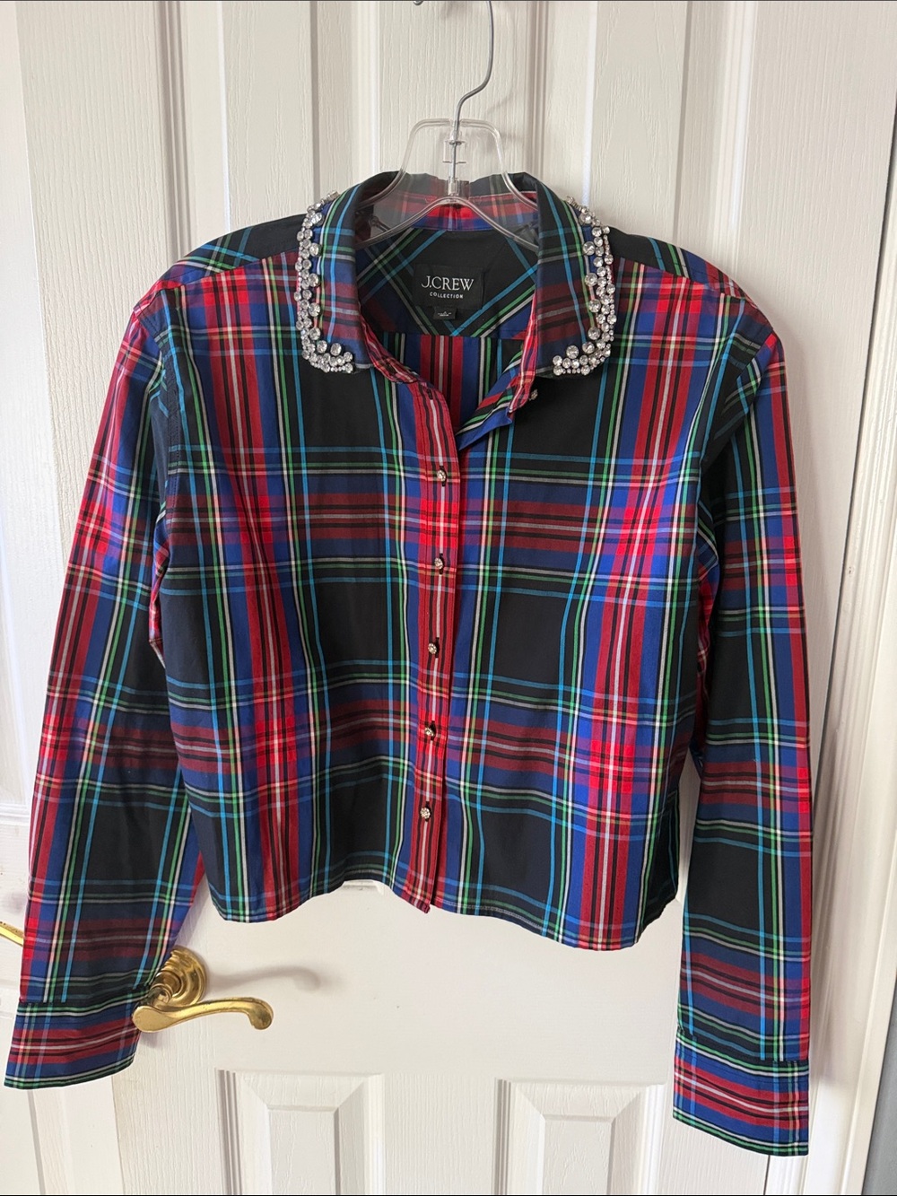 J. Crew Multicolor Plaid Button-Up with Crystal Collar